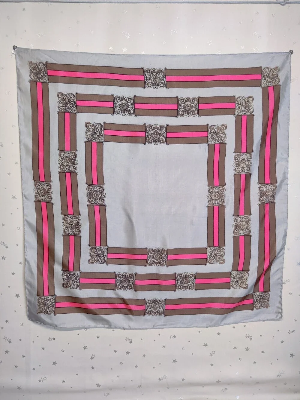 Vintage JCPenney 100% Silk Scarf Square 30x30 Made in Italy Pink Gray Silver
